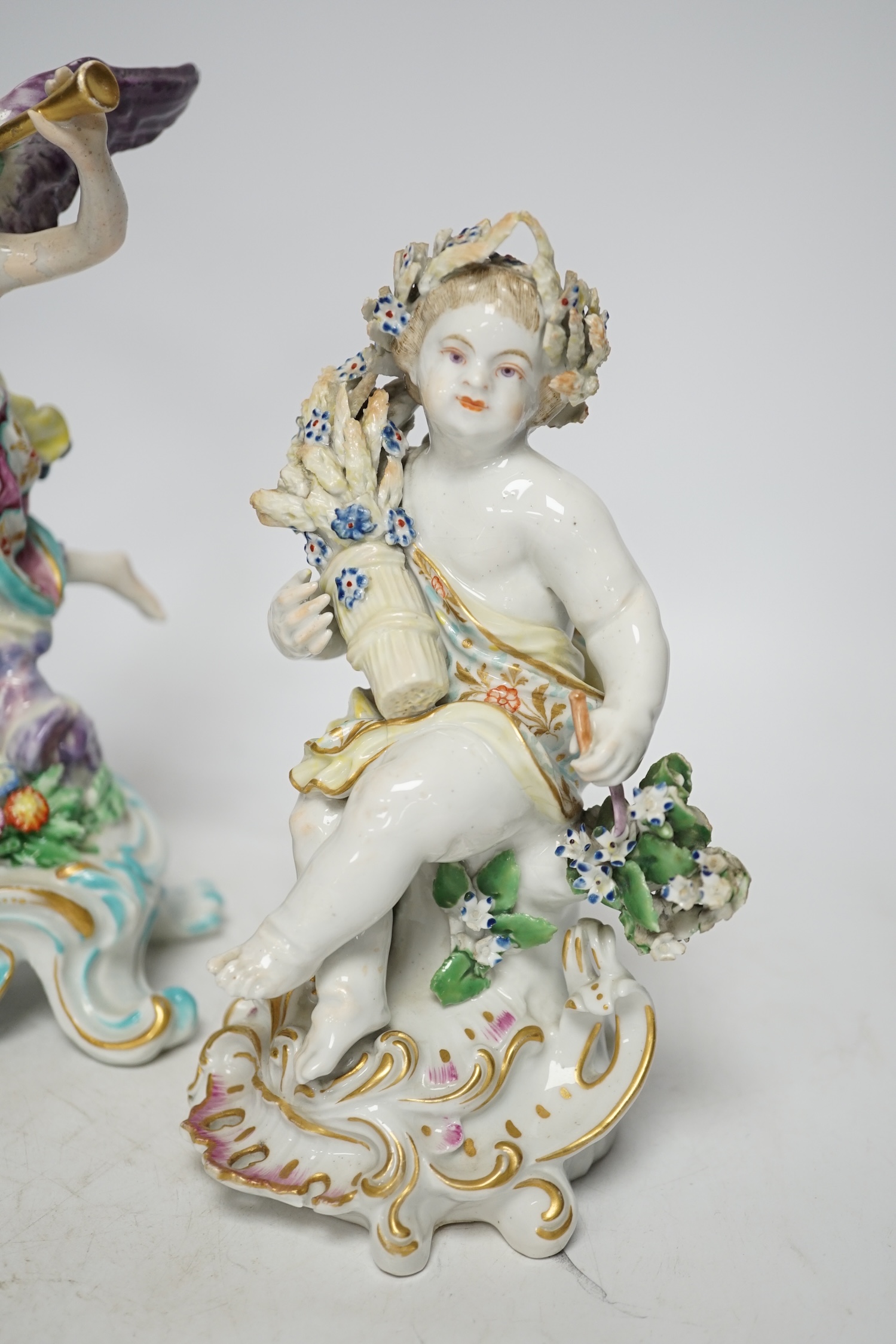 A Bow porcelain figure of Fame, c.1760-5 and two Derby figures emblematic of Europe and Autumn, c.1760-70, tallest 21cm (3)